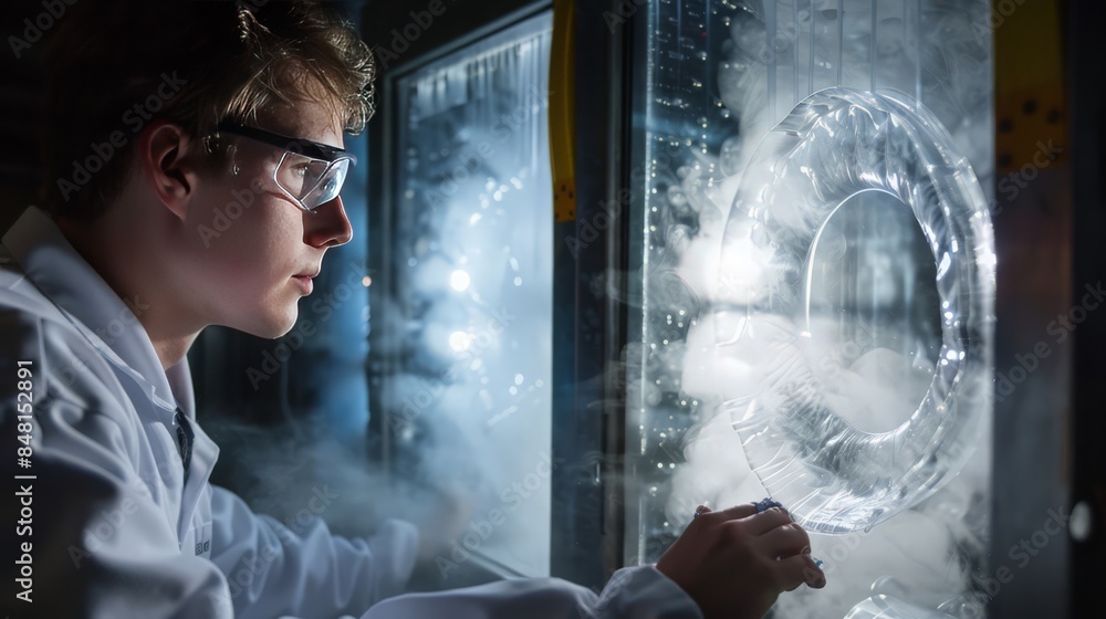 Poster a researcher studies the behavior of fluids under different flow conditions in a wind tunnel.