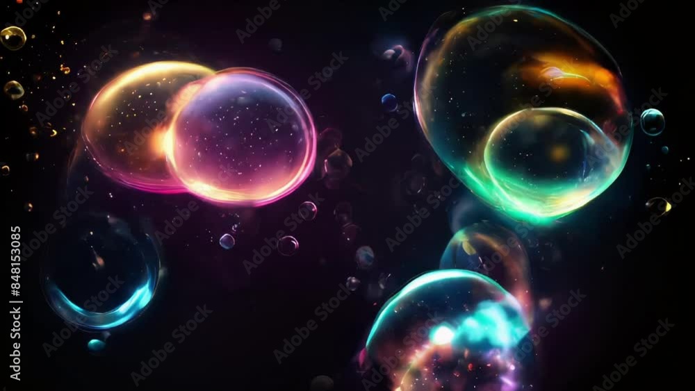 Poster colourful bubbles floating in the dark. a collection of brightly coloured bubbles floating gently in