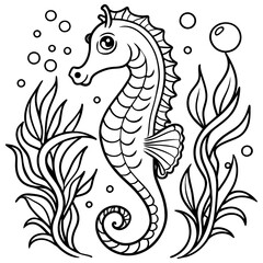 Fototapeta premium Black and white Seahorse amidst seaweed and bubbles, coloring page.