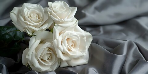 Obraz premium A bouquet of white roses on a gray silk fabric. Concept Elegant Floral Arrangement, Silk Background, White Roses Bouquet, Stylish Photography