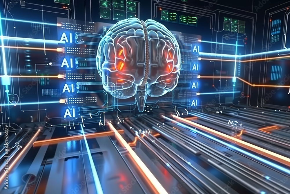 Poster digital visualization of ai brain with neural pathways in blue hue