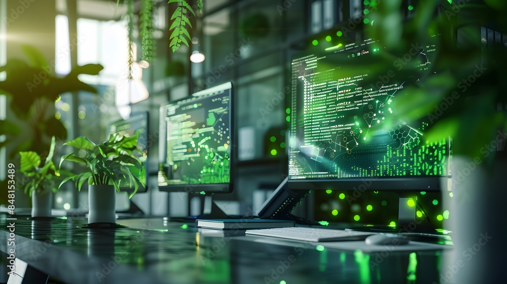 Poster a man is sitting in front of a computer monitor with a green screen. the monitor displays a lot of d