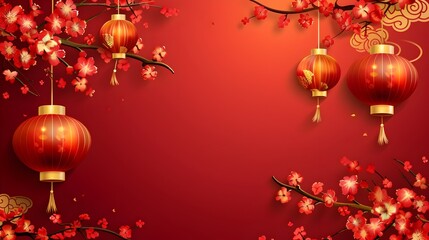 Vibrant Chinese New Year with Red Lanterns and Flowers