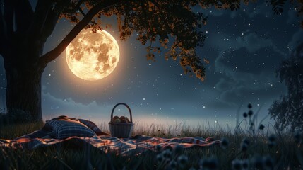 A romantic picnic under the full moon, with a blanket and a basket of treats.