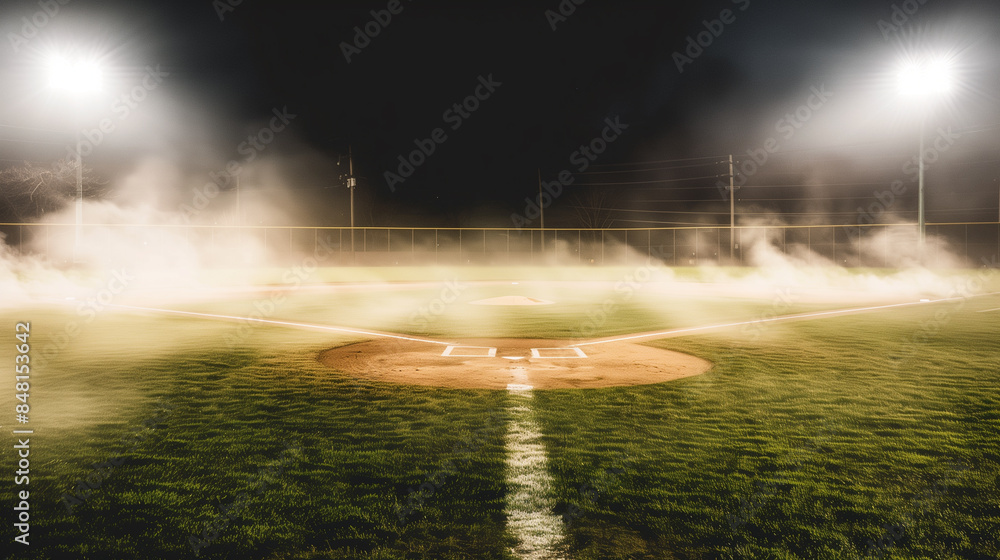 Poster a baseball field with a foggy atmosphere. the field is empty and the lights are on