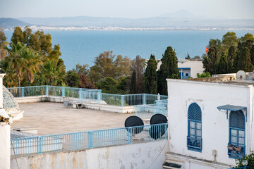 White-blue city of Sidi Bou Said, Tunisia. Eastern fairy tale with a French charm. View of an old...