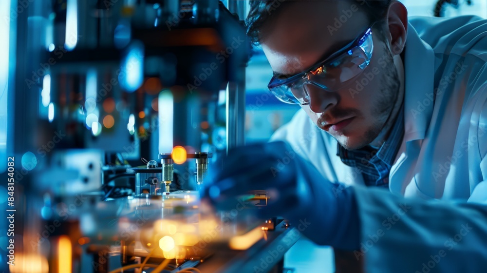 Poster a scientist examines the magnetic fields generated by a solenoid in a laboratory setting.