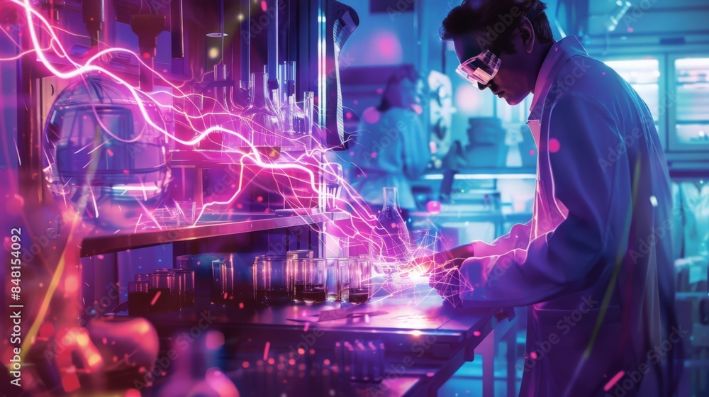 Poster a scientist examines the magnetic fields generated by a solenoid in a laboratory setting.