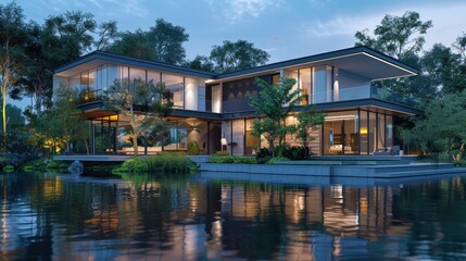 Obraz premium 3d rendering of modern house by the river at morning, house, luxury, villa, modern, architecture, building, exterior, residential, property, designer