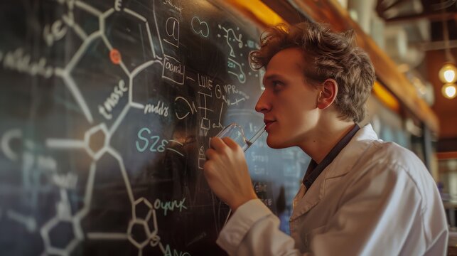 A scientist writes a balanced chemical equation on a blackboard, explaining stoichiometry.