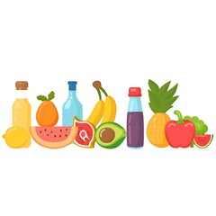 Flat cartoon illustration various of vegetables and fruits on white background.