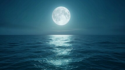 Full moon over the ocean with moonlight reflection on water.