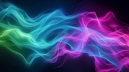 Abstract multicolored wave patterns with particle effects on dark background.