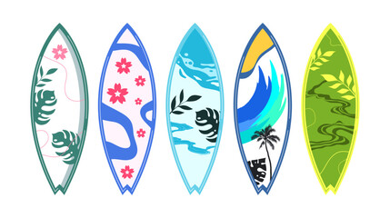 vector design set of beach surfboard elements with various design motifs with tropical beach nuances. design concept of summer vacation to the beach
