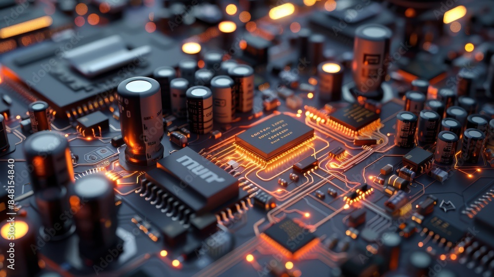 Aufkleber Close-up of an advanced circuit board featuring illuminated traces and various electronic components, highlighting modern technology and intricate design.
