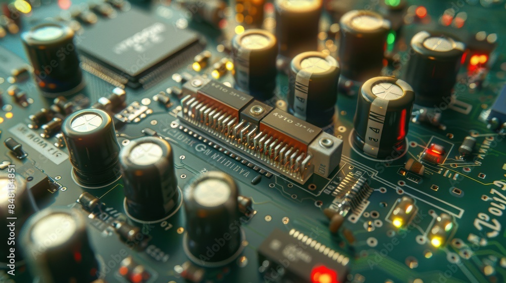 Aufkleber Detailed close-up of a circuit board featuring various electronic components, highlighting intricate design and advanced technology in a vibrant, illuminated setting.
