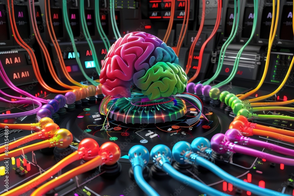 Poster vibrant ai brain with neural pathways and digital cables