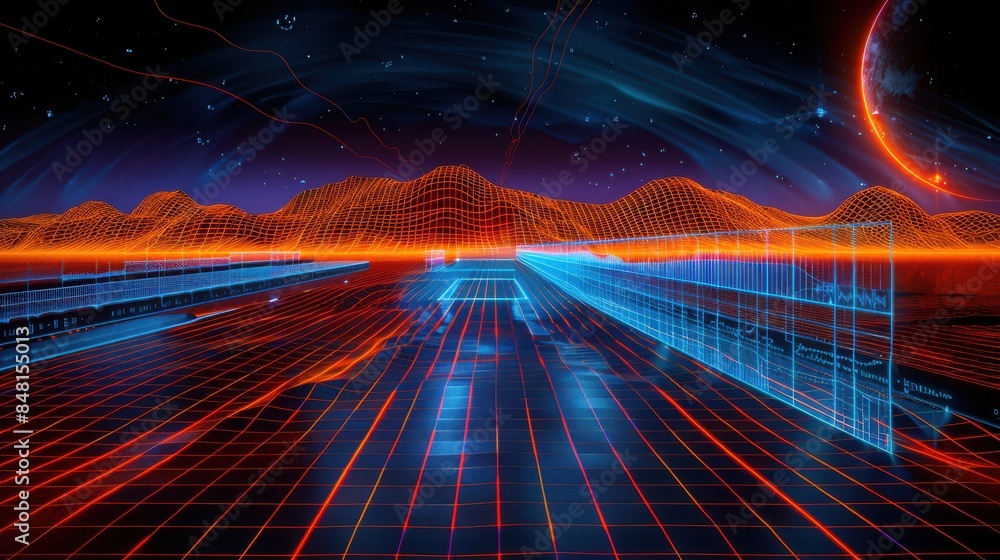 Poster a futuristic digital landscape featuring a grid pattern with neon blue and red lights, mountains, an