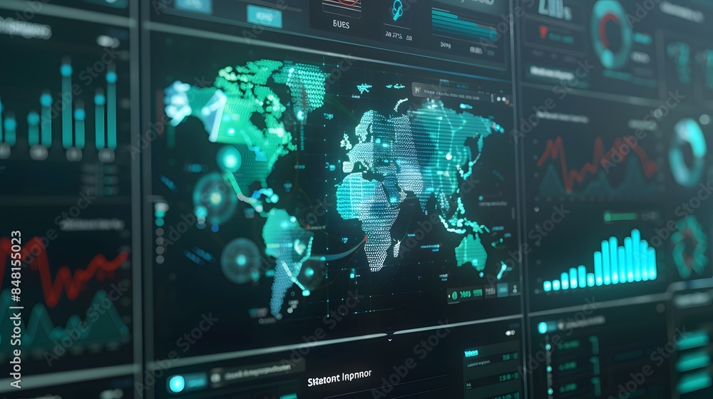 Poster a cityscape with a lot of data and graphs on the screen. scene is futuristic and technological