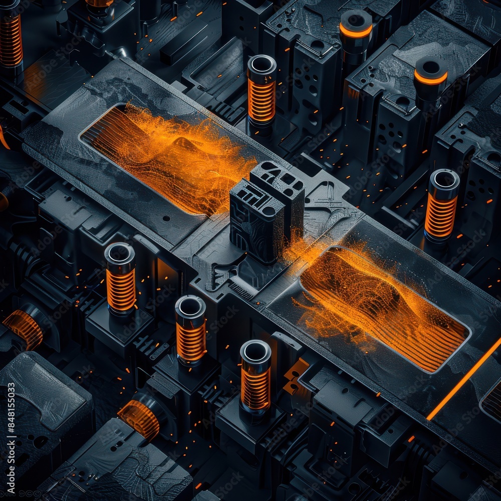 Poster close-up of a futuristic industrial circuit board with glowing orange elements and intricate technol