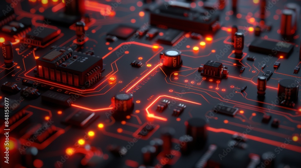 Aufkleber Close-up of an illuminated circuit board with glowing red traces and various electronic components, showcasing advanced technology and intricate design.
