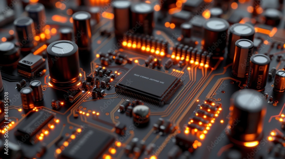 Poster Close-up of a high-tech circuit board featuring glowing orange LED traces and various electronic components, showcasing intricate design and modern technology.
