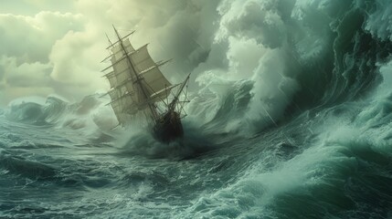 A ship battles against towering waves in a stormy sea, struggling to stay afloat