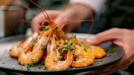 The chef makes a presentation of the dish to be served. Selective focus. Food.