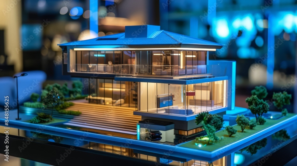 Poster a smart home model showcasing the integration of advanced technology and automation systems