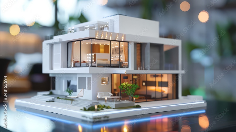 Poster a smart home model showcasing the integration of advanced technology and automation systems
