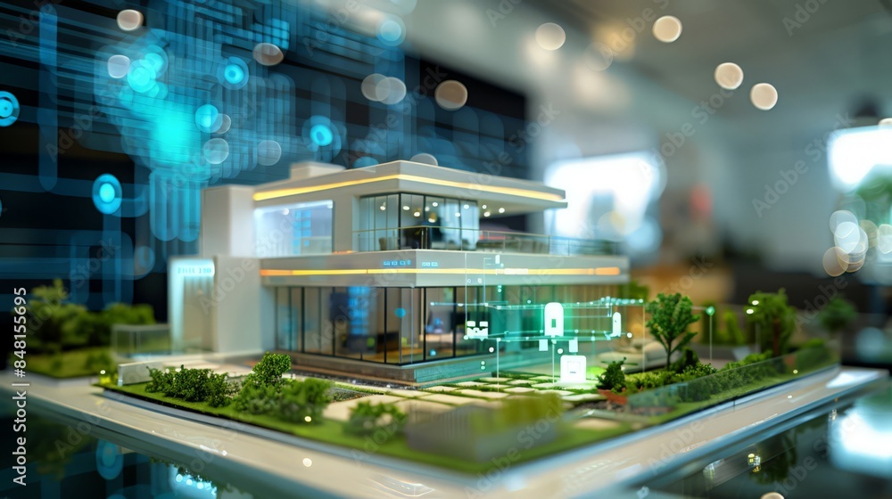 Poster a smart home model showcasing the integration of advanced technology and automation systems
