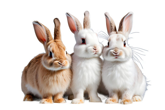tudio portrait of cute rabbit isolated on transparent png background, happy bunny running on floor, adorable fluffy rabbit that sniffing.