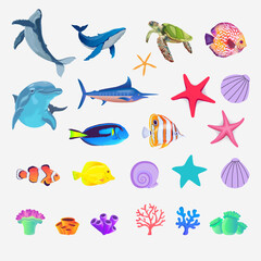 set pack of sea animals and coral reef elements. For banners and brochures. Vector design with concept of beach holiday recreation