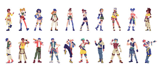 Vector Cyberpunk Futuristic Characters Cartoon Set Illustration Isolated