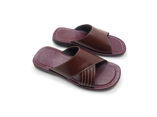 Men's flat photo colourful slippers isolated on white background.