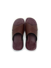 Men's flat photo colourful slippers isolated on white background. Top view angle