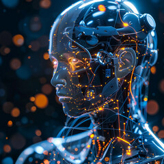 A futuristic head with glowing wires and a face. Concept of technology and innovation, with the glowing wires representing the advanced circuitry of the artificial intelligence