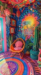 Fototapeta premium Vibrant and colorful bohemian room with bold patterns, eclectic furniture, and abundant plants creating a lively and artistic atmosphere.