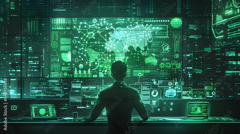 Poster a man is sitting in front of a computer monitor with a green screen. the monitor displays a lot of d