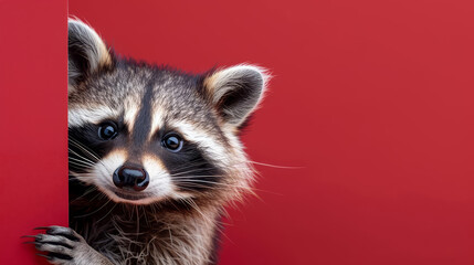 Obraz premium Curious raccoon peeking from behind a red wall.