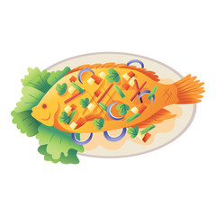 Vector Fish Fry Thai Traditional Thai Food Cartoon Illustration Isolated