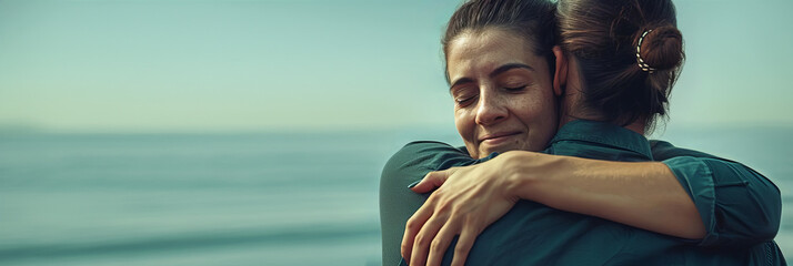 Two women embrace by the ocean, expressing love and support.