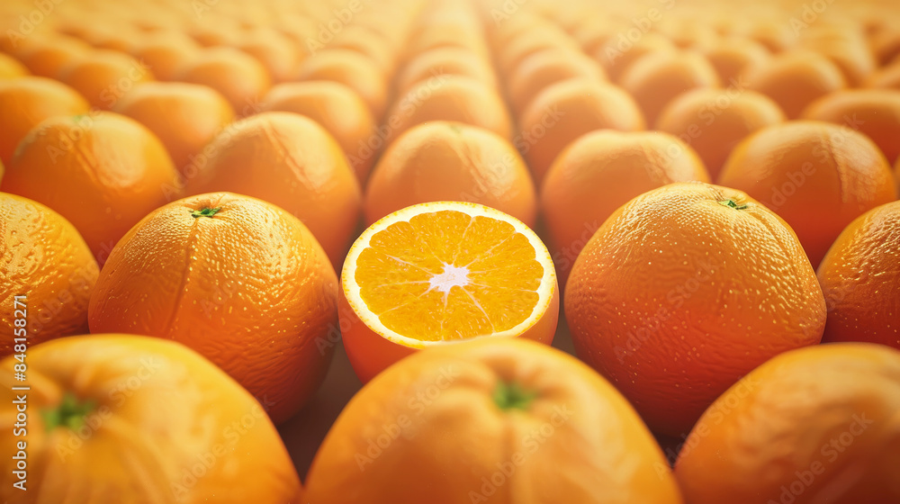 Poster close-up of a halved orange among whole oranges in a neatly arranged pattern, highlighting freshness