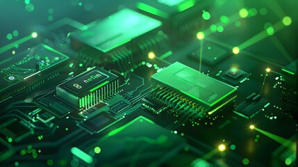 A green electronic board with a green light on it. The board is very detailed and complex, with many different components and connections