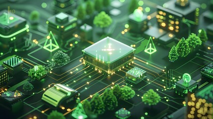 Obraz premium A green electronic board with a green light on it. The board is very detailed and complex, with many different components and connections