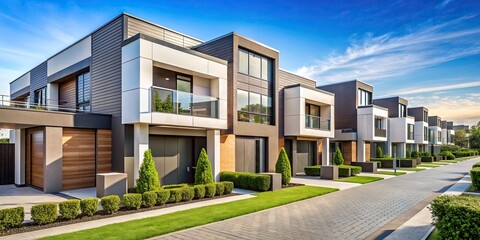 Townhouse residential area with modern architecture and well-maintained landscaping, townhouse, residential