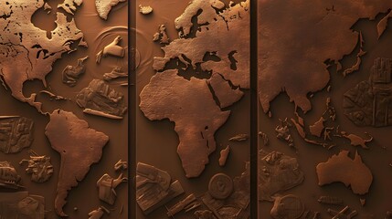 Artistic world map relief in warm brown tones with detailed continents and symbolic engravings.