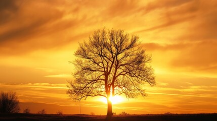 A solitary tree silhouetted against a vibrant sunset sky, with warm golden hues and dramatic clouds creating a serene, picturesque landscape.