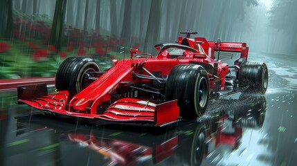 Naklejka premium Illustrate the heart-pounding action of a Formula 1 race as a driver executes a daring overtake maneuver through a dense