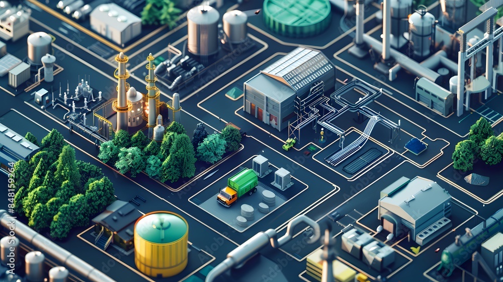 Poster a drawing of a factory with a lot of pipes and a lot of trees. the drawing is of a factory that is i